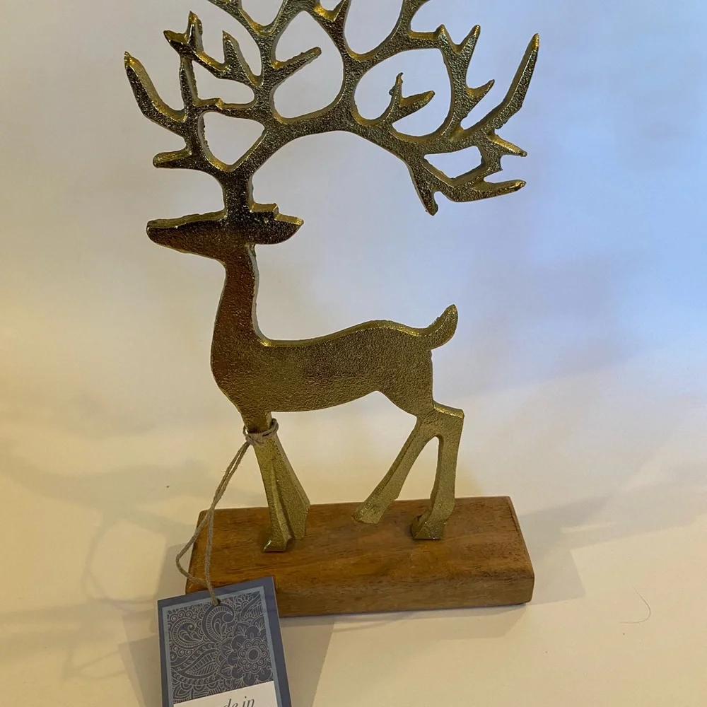 Gold Metal Reindeer Figurine on Wood Base Antique Brass-Tone Stag Statue